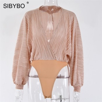 Sibybo Deep V-Neck Patchwork Sexy Bodysuit Women Fashion Long Sleeve Loose Women Rompers Spring Casual Bodysuit Jumpsuit 2020